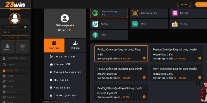 Hướng dẫn nạp tiền 23WIN qua ngân hàng online